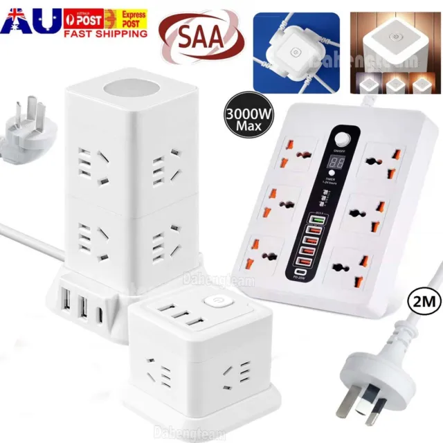 Power Board Night Light Socket Strip 4-8 Outlets 3 USB Surge Protector + AU Plug
