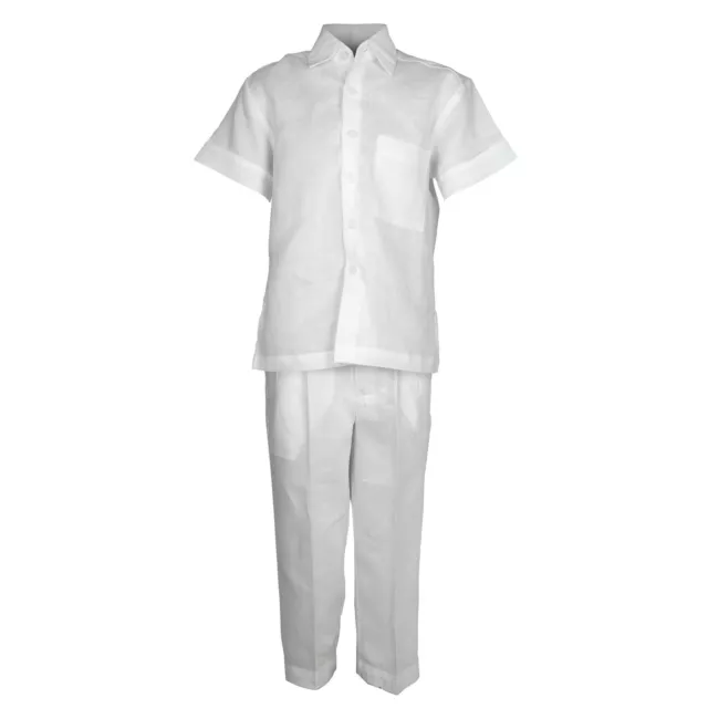 Ragazzi Bianco Lino Set Guayabera Camicia Con una Tasca & Pantalone Taglie 4 A