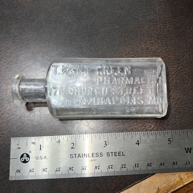 Vintage Early Glass Medicine Pharmacy Btl T Kent Grenn Annapolis Md