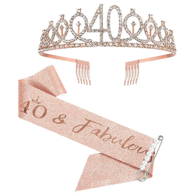 40th Birthday Crown Sash Set Tiara Party Accessories Kit Rose Gold Women Ladies