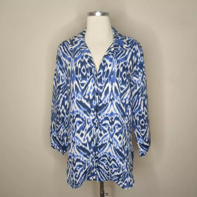 Chico's 100% Linen Shirt 2 Large Blue White Print Ikat 3/4 Sleeve Tunic Coastal