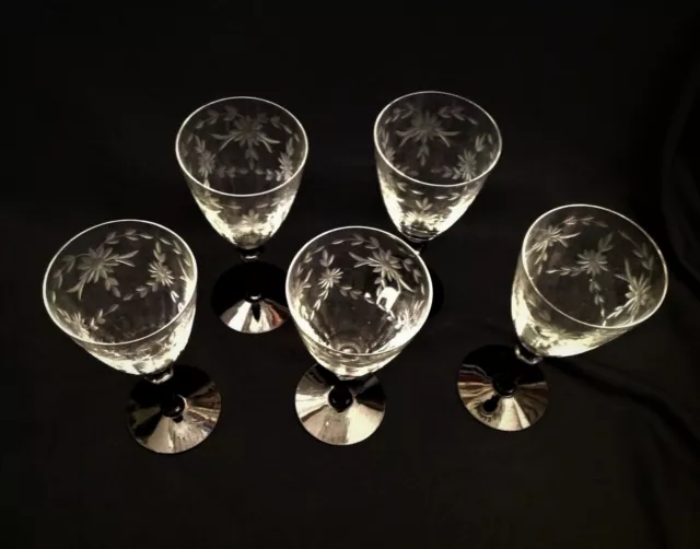 Four (4) MORGANTOWN ART DECO Black Hexagonal Stem Optic Etched Bowl Wine Glasses