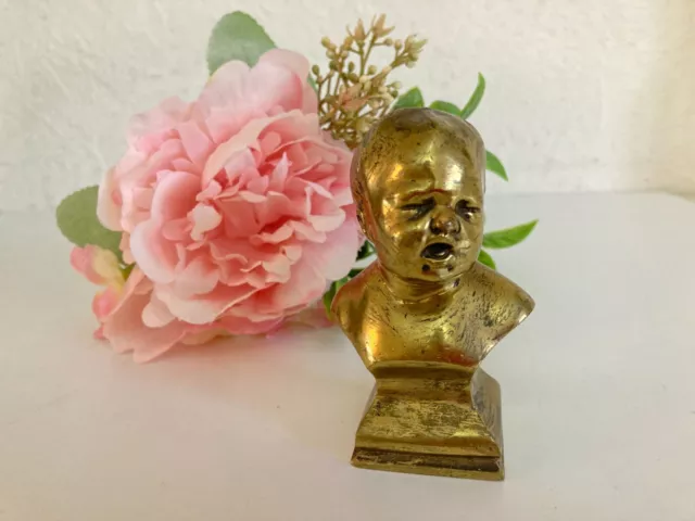 ⚜️ Ancien Petit Buste Enfant Statue en Bronze Doré Bébé Vintage Hauteur 8,5 Cm