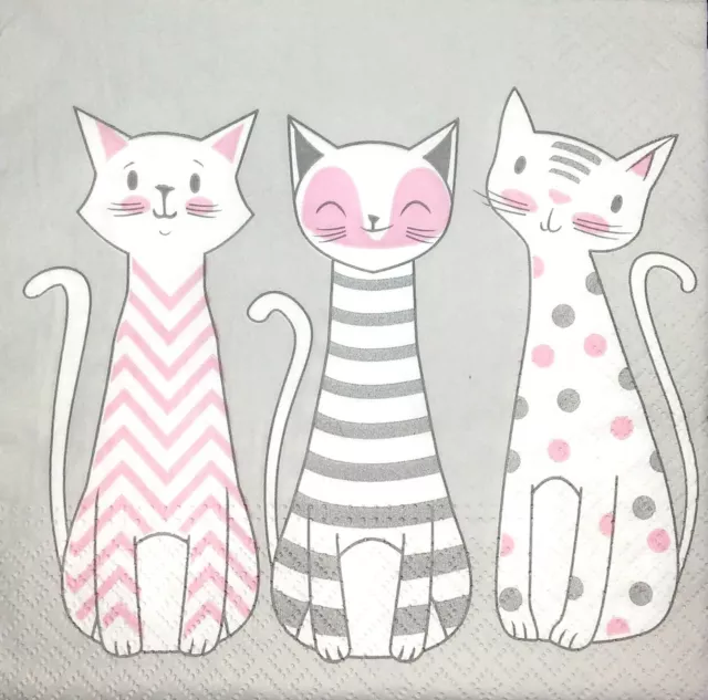 M465# 3 x Single Paper Napkins Decoupage Craft Painted White Pink Cats on Grey