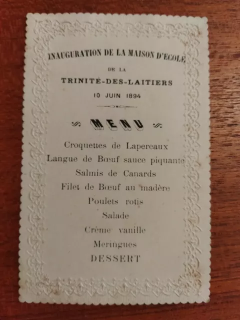 Menu Ancien Inauguration de la Maison d'École de la Trinité des Laitiers 1894