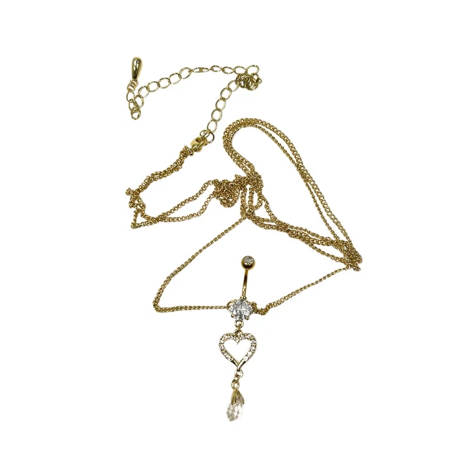 Belly Chain Navel Ring Gold Plated Waist with Heart CZ Jewels Dangle Charm 14G 2