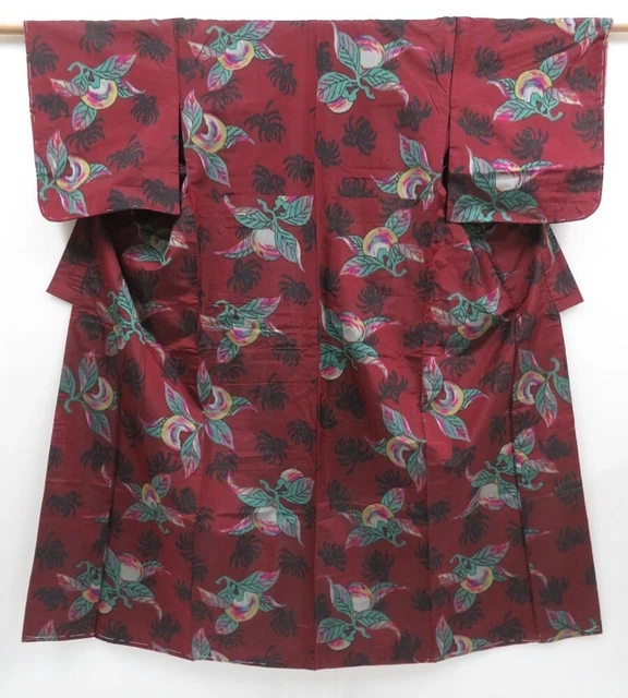 3514T02z630 Vintage Japanese Kimono Silk MEISEN KOMON Pomegranate