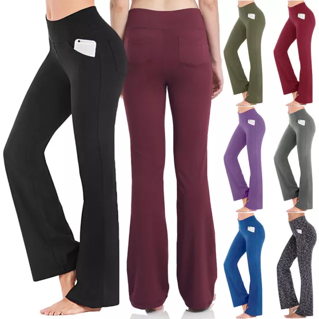 Women High Waist Casual Gym Yoga Long Pants Sports Wide Loose Bootleg Trousers A