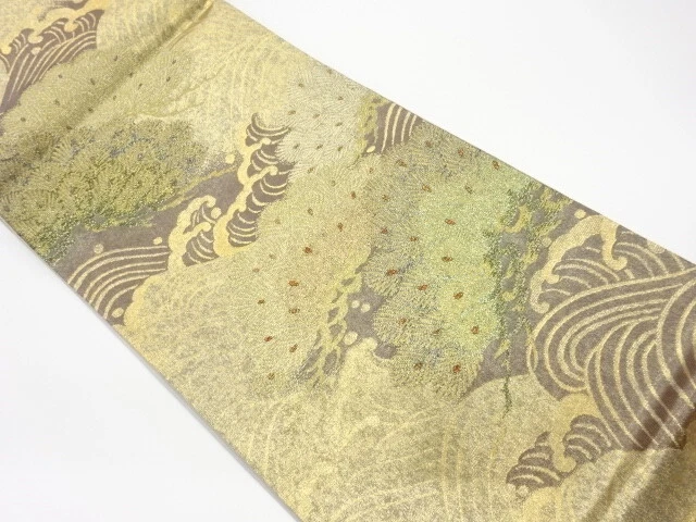 6161723: Japanese Kimono / Vintage Fukuro Obi / Woven Rough Wave & Pine
