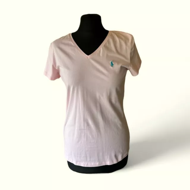 Ralph Lauren T Shirt Pink Womens Large V Neck Logo Design Short Sleeve Cotton