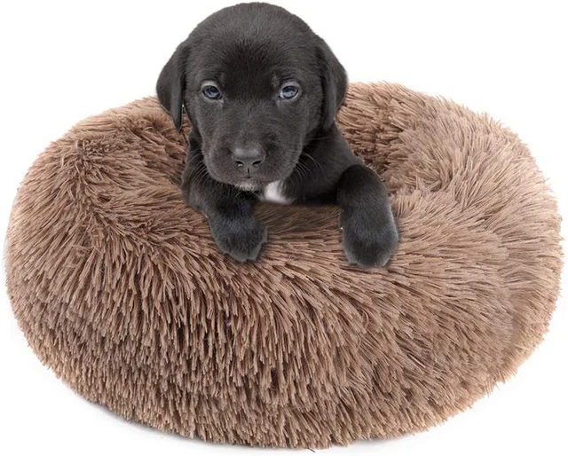 Otoez round Plush Donut Pet Bed Warm Fur Cuddler Dog Cat Cushion Bed Calming Bed