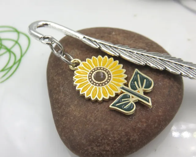 Sunflower Bookmark Enamel Charm Feather Yellow Green Silver Metal Garden Flower
