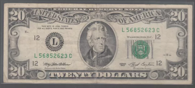 1993 (L) $20 Twenty Dollar Bill Federal Reserve Note San Francisco Vintage Money