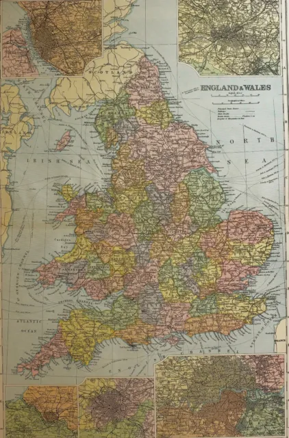 1898 Original Map England & Wales London Birmingham Bristol Liverpool Manchester