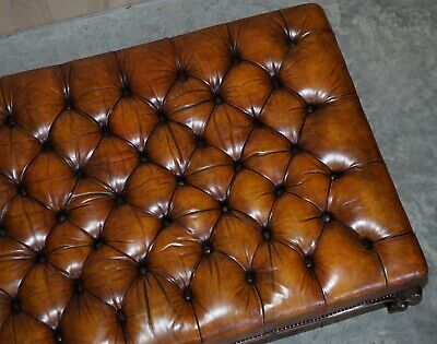 Huge Fully Restored Chesterfield Hand Dyed Brown Leather Hearth Footstool 10