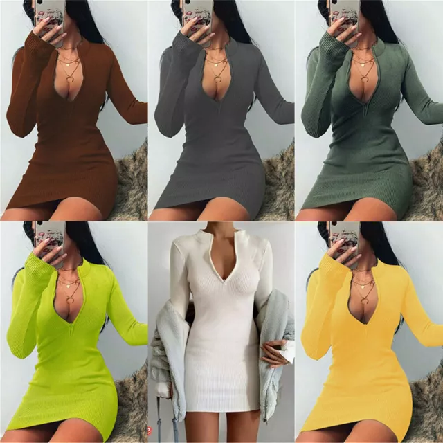 Womens Plus Size Jumper Mini Dress Dresses Sexy Slim V Neck Bodycon Long Sleeve