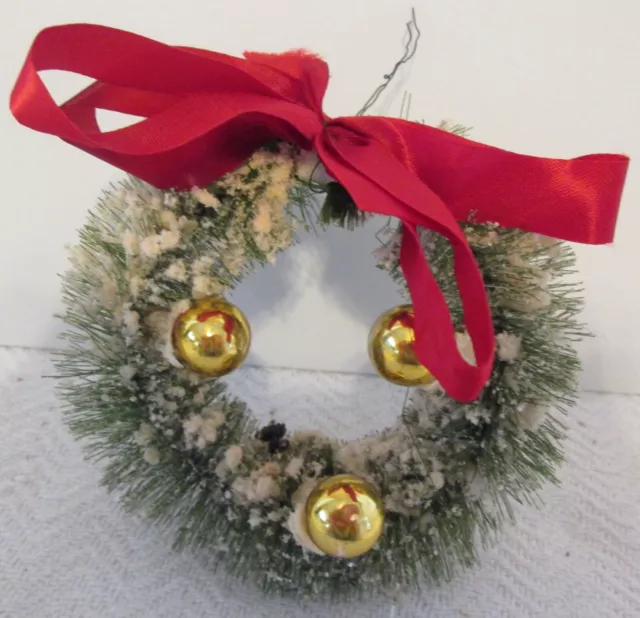 Vintage Flocked Bottle Brush Wreath Red Bow & Gold Glass Bead Christmas Ornament