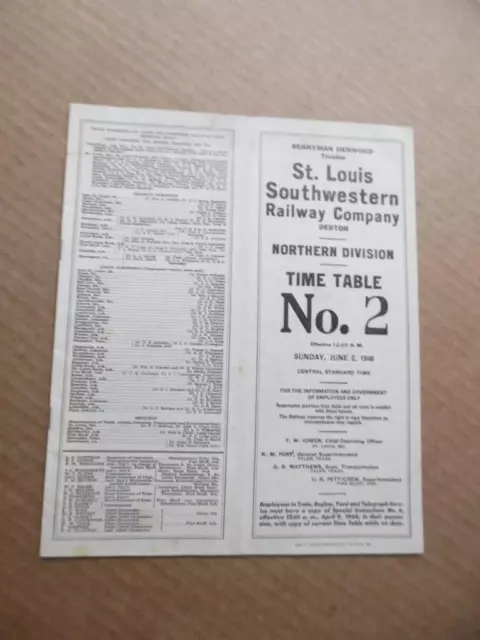 1946 St. Louis Southwestern Railway Co. Employee Timetable 2 Cotton Belt Route