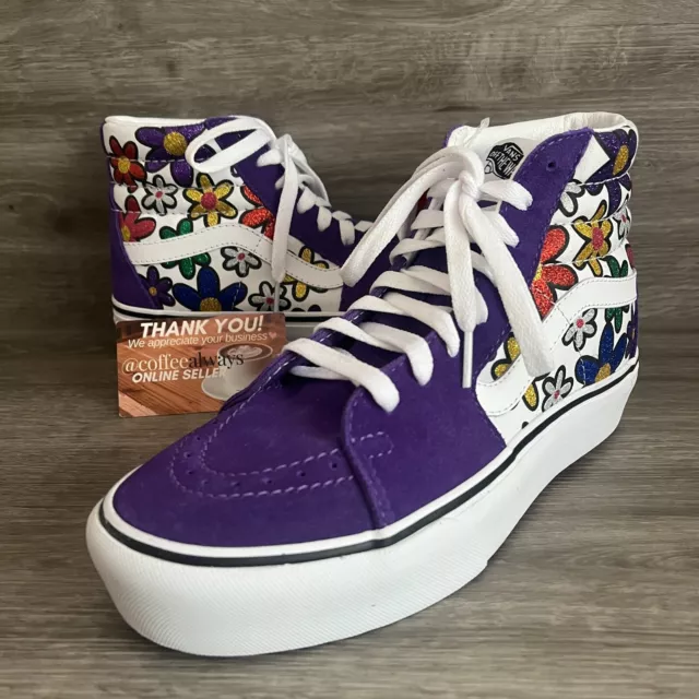 Vans Sk8-Hi Platform 2 Glitter Daisies Rainbow Purple White Size 9 Women's NWOB