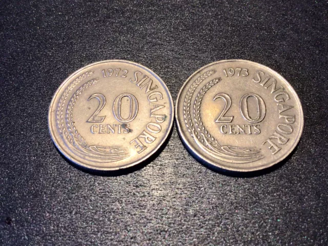 1972-1973 Singapore 20 Cents-X2 Nice Grade Collectible Coins.