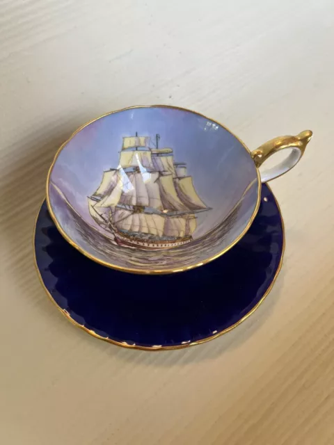 Vintage Aynsley Tea Cup & Saucer, Clipper Ship, Cobalt, Signed D. Jones *READ*
