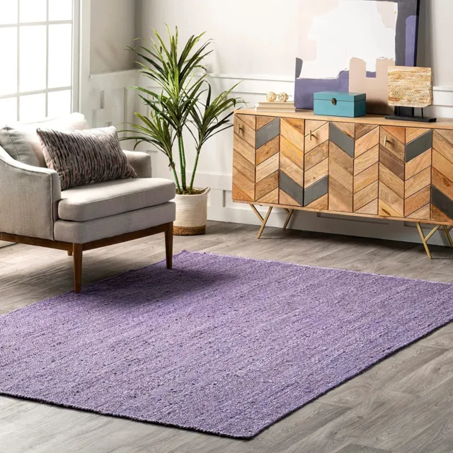 Rectangle Purple Jute Area Rug 100% Braided Runner Rustic Living Area Carpet