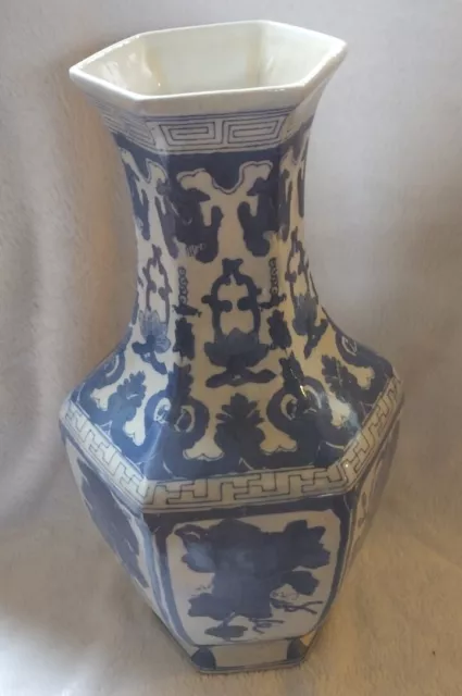 Vintage Large 14" Chinese Hexagonal Six Panel Blue and White Floral Ceramic Vase