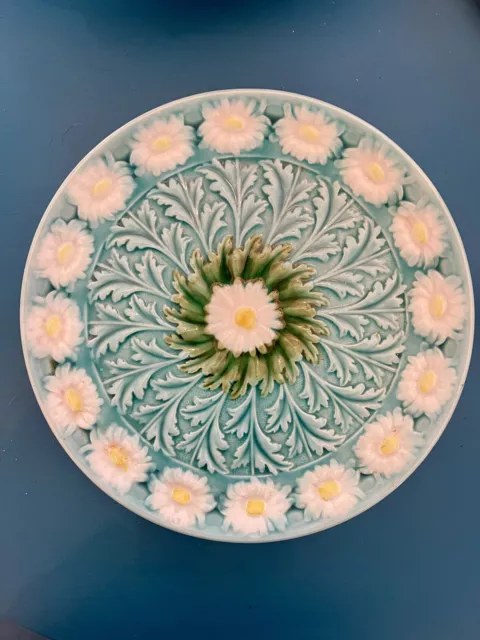 Antique SMF Schramberg Germany Blue Majolica Daisy Dasies Charger Plate 11.5”