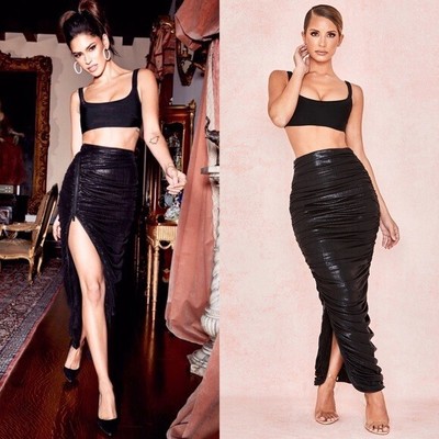 House Of CB London Black Ruched Yuli Wet Bodycon Maxi Skirt Dress Black Zipper M