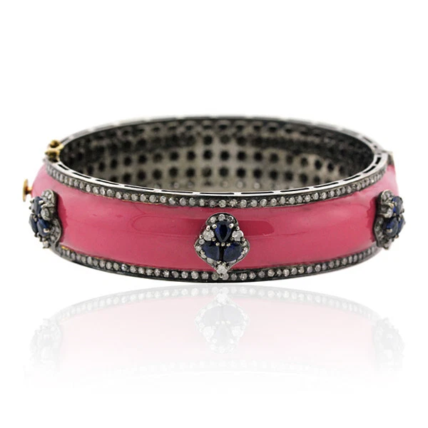 Natural Rosecut Diamond Polki 925 Sterling Silver Wedding Enamel Bangle