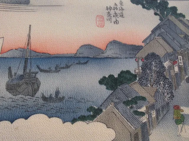 JAPANESE CHIRIMEN PRINT Hiroshige Tokaido Crepe Fabric Kanagawa Showa ...
