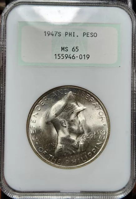 Silver 1947-S Philippines Peso MacArthur | NGC MS65 Old Fatty Holder