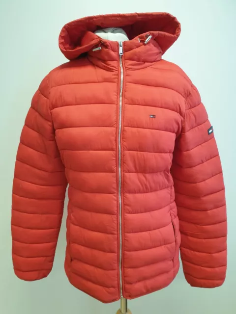 T737 Mens Tommy Hilfiger Red Full Zip Quilted Puffer Hooded Jacket Uk M Eu 48