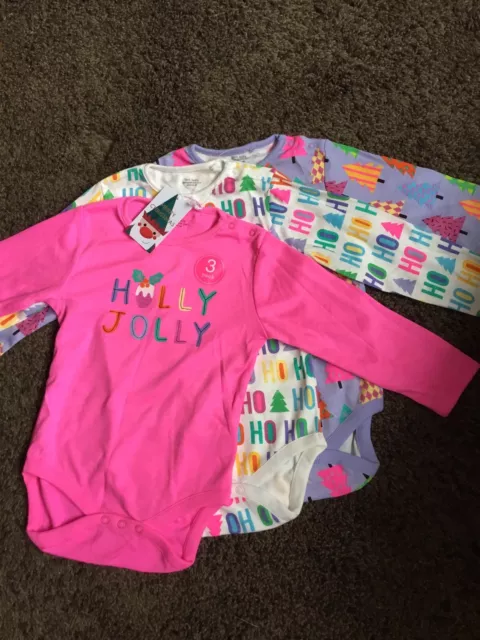 NEXT  Girls Pink Holly Jolly 3 Pack Bodysuits Christmas 18-24 Months BNWT 🎅
