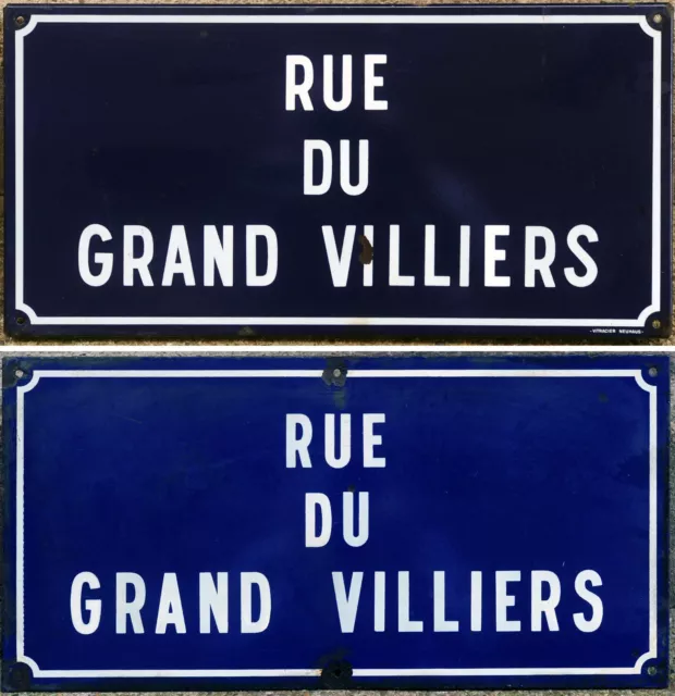 Large old blue enamel French street sign plaque rue du Grand Villiers Orleans