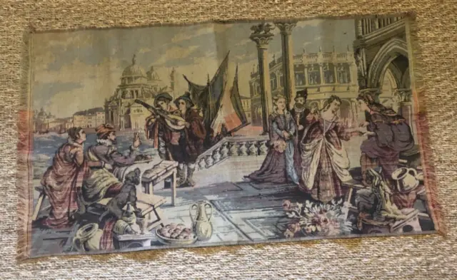 Antique Tapestry Landscape Musicians People Italy Fringe Hem 33" W x 18" Length