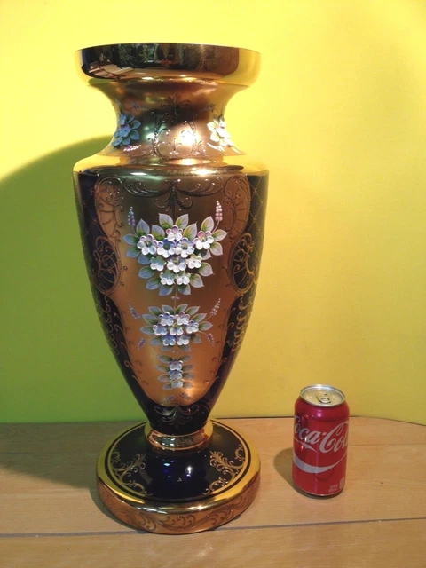 Gorgeous Large Bohemian Czech Cobalt Blue Enamel Hand Cut Crystal Vase  20" Tall