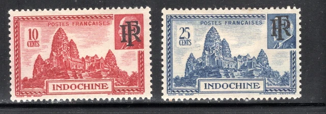 French Indo-China Stamp Scott #262-263, Angor Wat Overprint, MLH, SCV$3.85