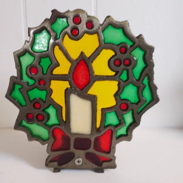 Vintage 80s Stained Glass Cast Iron Christmas Holly Wreath Candle Votive Holder