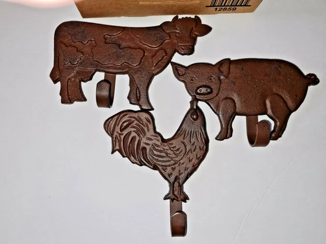3 farm Animal Pig Rooster Cow Country kitchen coat Wall HOOKS cast iron rustic
