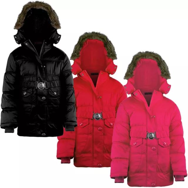 Girls Winter Jacket Padded Belted Fleece Lining Detach Hood Quilted 3-14 Years