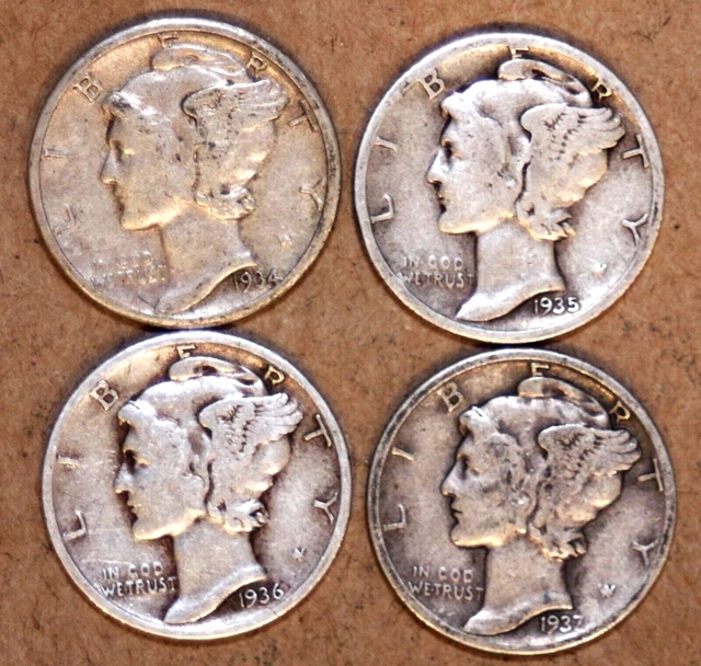 (4) Mercury Dimes - 1934D(VF) 1935S(F/VF) 1936(XF) 1937(XF) - #1348CA621