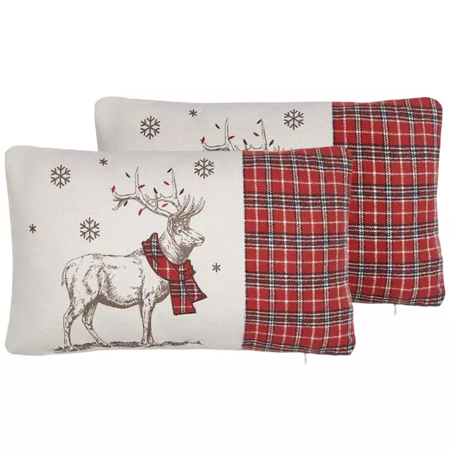 Lot de 2 Coussins de Noël avec Motif de Renne 30 x 50 cm en Polyester Tissu Rou