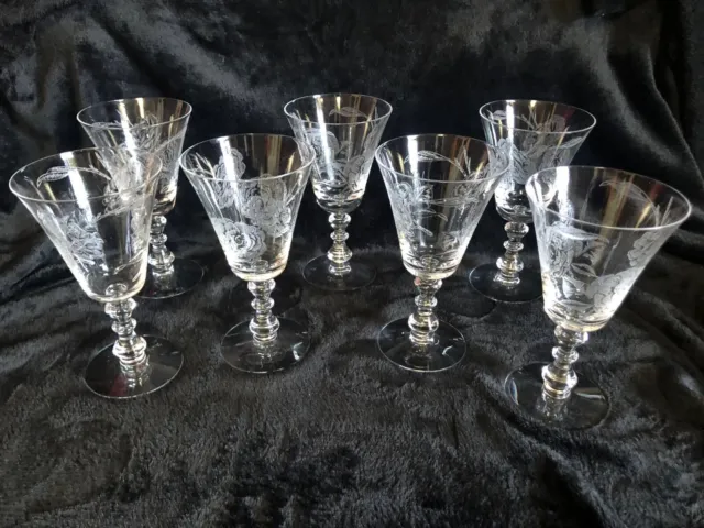 Fostoria Camellia Water Wine Goblet Glass 6 3/4" Tall Floral Etching  Set of 7