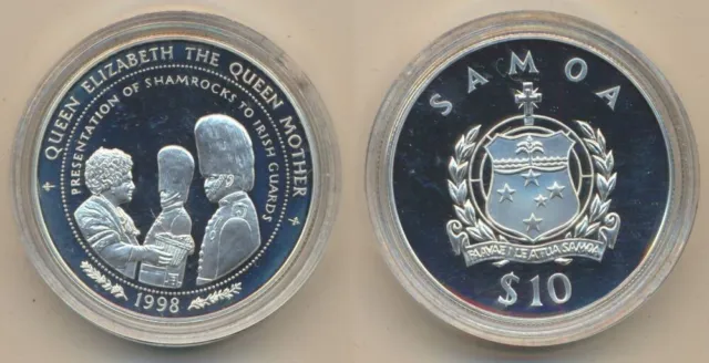SAMOA: 1998 $10 1oz 925 Silver Proof Queen Mother Shamrocks to Irish Guards
