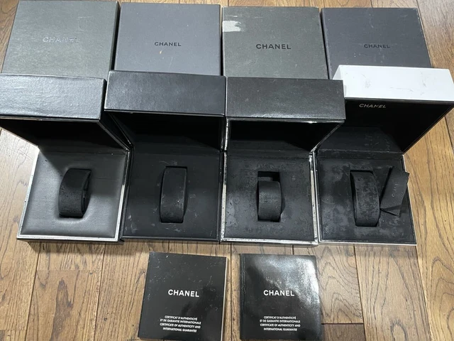 VINTAGE GENUINE CHANEL watch box case 4 set Booklet Black white ...