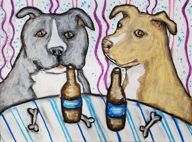 AMERICAN PIT BULL TERRIER at Pub ACEO PRINT Dog Art Miniature 2.5 X 3.5 KSams