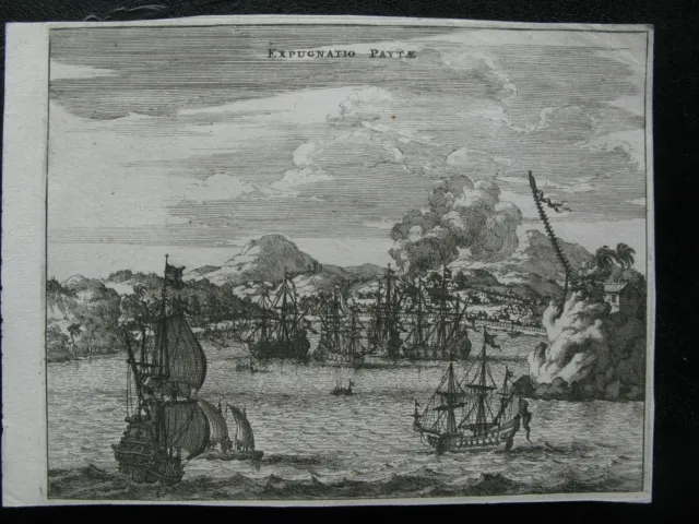 1671 Paita Peru South America Engraving print Montanus Ships Naval Battle