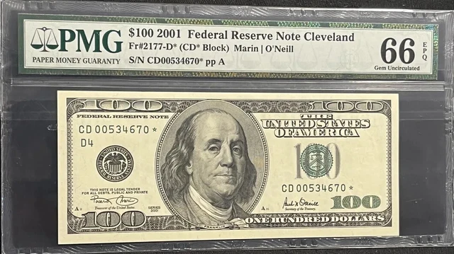 USA 2001 $100 Federal Reserve Star Note FR#2177-D* PMG 66 Gem Unc EPQ