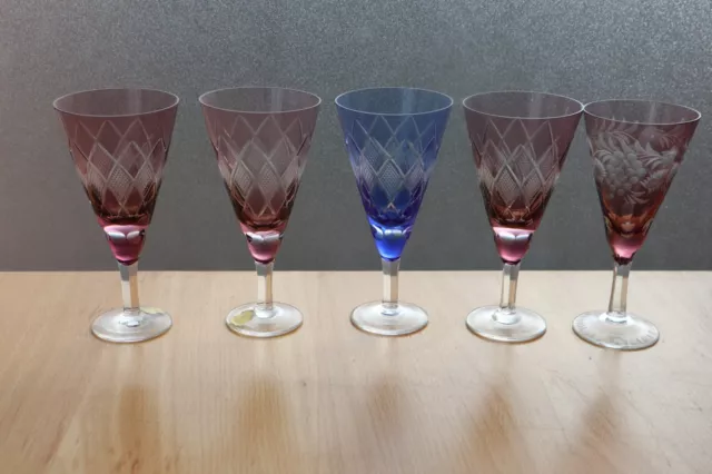 5 Sekt Gläser Wein Sher VEB Kunst-Glas Wasungen Dekot rot blau 60er 70er